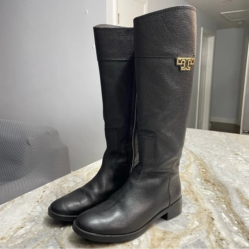 Tory Burch Joanna Riding Boots Pebbled Leather Black Boots Women’s